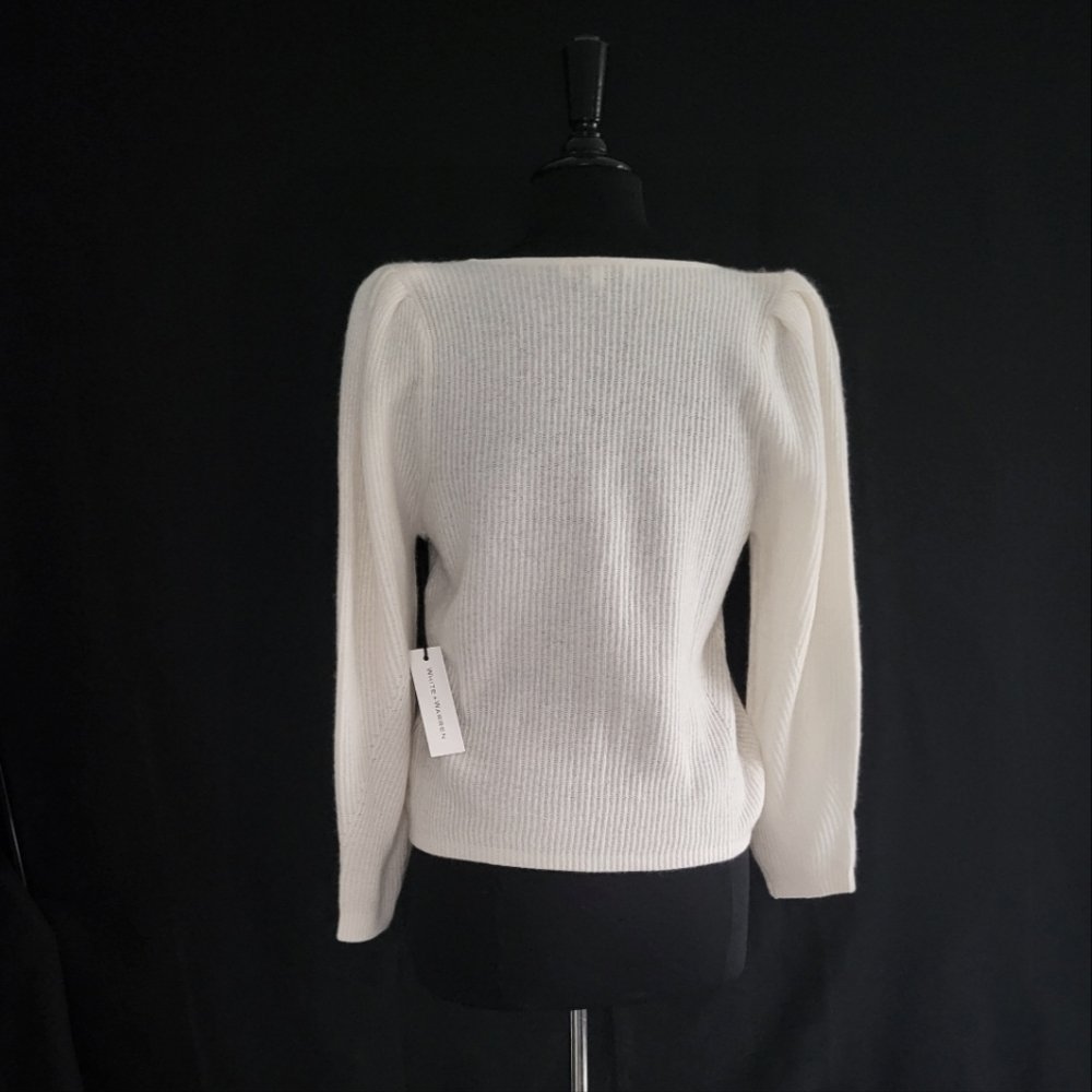 White + Warren Cashmere Soft White Square Neck Puff Sleeve Pullover NWT - Picture 2 of 5